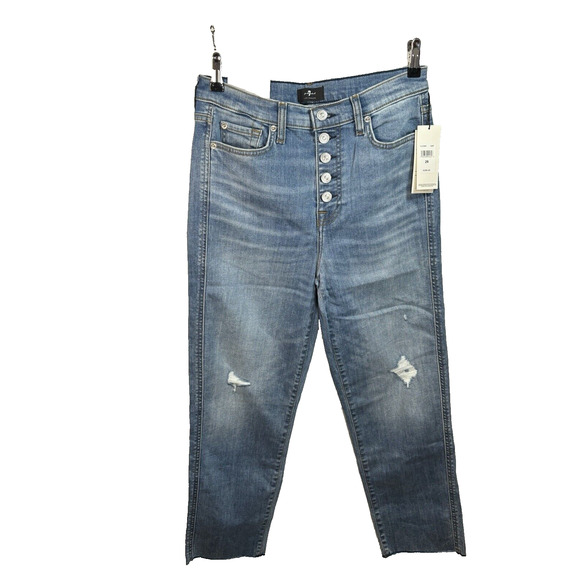 7 FOR ALL MANKIND High Waist Crop Straight Leg Jeans Distressed Women's Size 29 - Picture 1 of 15